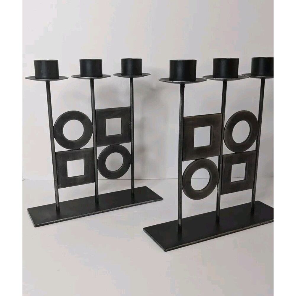 Vtg Metal Modernist Candelabra Geometric Shapes Set 1960's Made In Austria. (2)